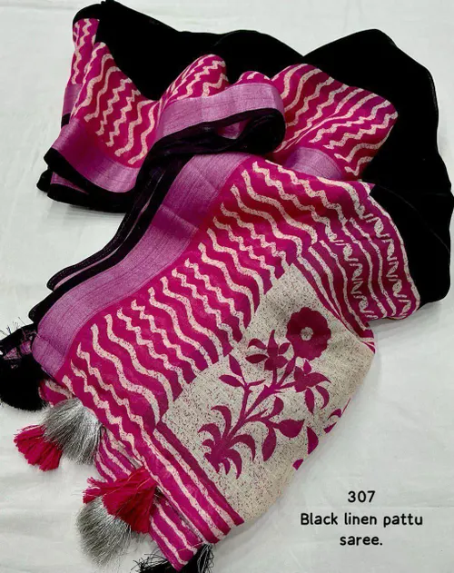 Soft Linen Saree with Pink Contrast Prints & Zari Woven Black Pattu Border